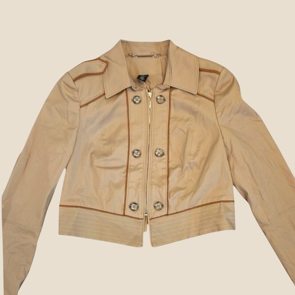 White House Black Market WHBN Tan Cropped Military Jacket Zip Front Size 6 Khaki